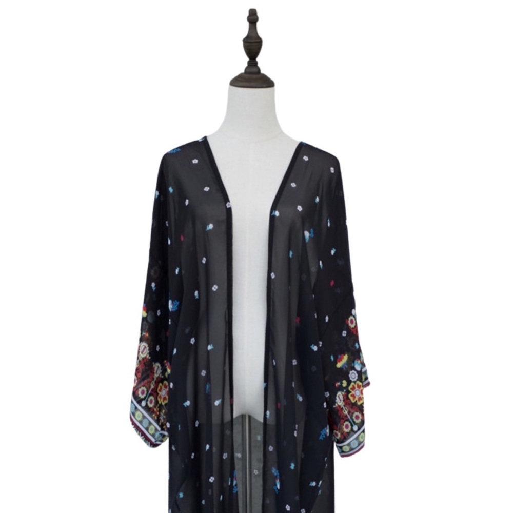 Boho Chic Black Floral Kimono Beach Coverup - Picture 11 of 16